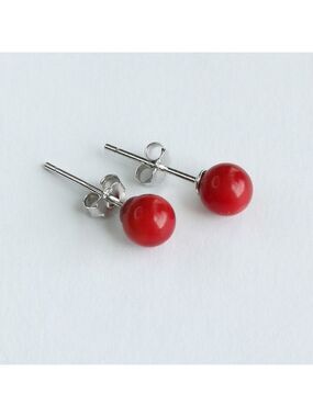 NEW Red Sponge Coral ball stud earrings Sterling Silver post 6mm